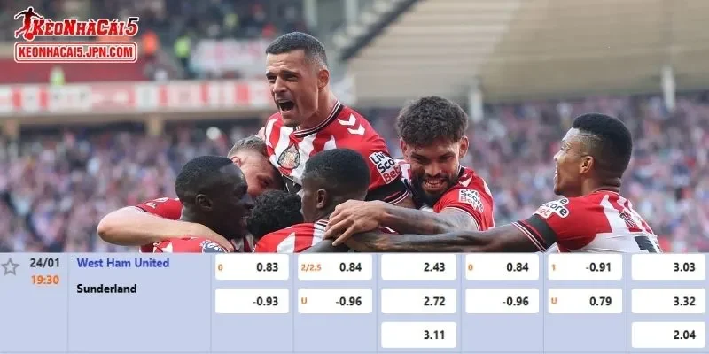 Tỷ lệ kèo chi tiết của của trận West Ham vs Sunderland